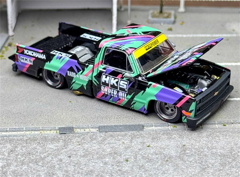 KaidoHouse x MiniGT Chevrolet Silverado Kaido HKS V1 pickup truck color box packaging 1:64 Truck Pre-built Model view5