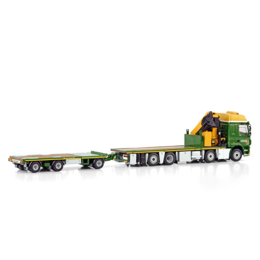 WSI  DAF CF SPACE CAB MY2017 RIGED FLAT BED TRUCK WITH PALFINGER PK 65002 SH + JIB 8X2 TAG AXLE FLAT BED TRAILER - 3 AXLE Boerman 1:50 DIECAST Truck