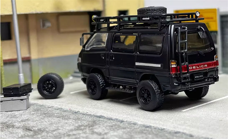 Autobots Models Mitsubishi Delica 3rd Generation Wagon 4X4 Off Road Modified Edition Black left-hand drive with accessories 1:64 Car Pre-built Model view2