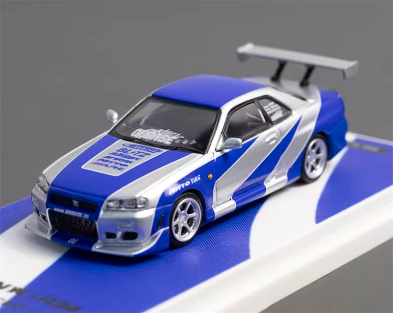 TIMEMICRO Nissan Skyline GT-R R34 Blue Silver NFS Edition Limited Edition 999PCS ONLY 1:64 Car Pre-built Model view7