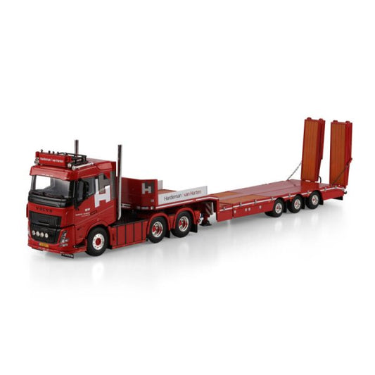 1:50 VOLVO HARDEMAN VAN HARTEN CAB 6X2 SEMI LOW LOADER W/ RAMPS 3 AXLE WSI Red Diecast Model