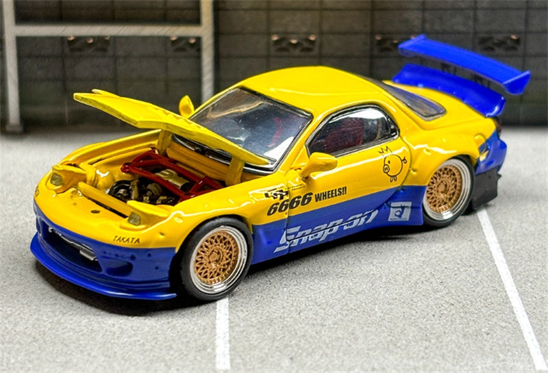 Master Mazda RX-7 FC3S Rocket Runny Pandem Blue yellow double spelling Limited Edition 1:64 Car Pre-built Airliner Model Display view5