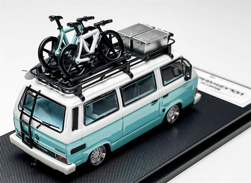 Mortal VW T3 Magway van BBS light Blue + White Double Splicing with accessories 1:64 Car Pre-built Model view2