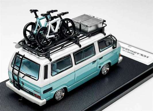 Mortal VW T3 Magway van BBS light Blue + White Double Splicing with accessories 1:64 Car Pre-built Model view2