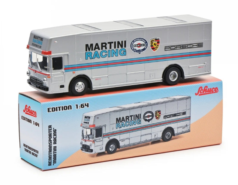 Schuco Mercedes Benz O317 Race Car Transporter Team Porsche Martini Racing silver 1971 1:64 Truck Pre-built Model