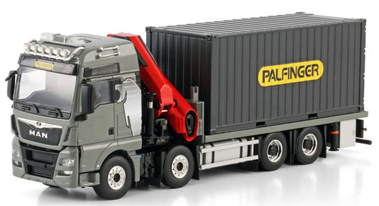 WSI MAN TGX XXL EURO 6C (FACELIFT) RIGED FLATBED TRUCK 8X4 WITH PALFINGER PK 480 TEC + 20FT CONTAINER Premium Line 1:50 Truck Pre-built Model