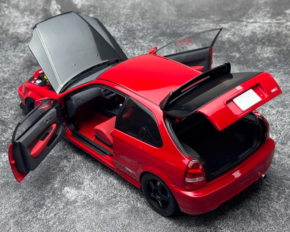Motorhelix Honda Civic Type R EK9 Milan Red/Carbon Fiber Head Cover Limited Edition 599PCS ONLY 1:18 Car Pre-built Model view3