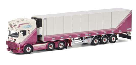 WSI SCANIA R6 TOPLINE 6X2 REEFER TRAILER - 3 AXLE Leif Willy Krone 1:50 Truck Pre-built Model
