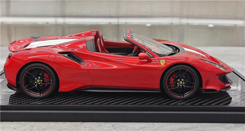 BBR MODELS Ferrari 488 Pista Spider convertible Metallic red White stripe Black wheel red calipers Carbon fiber base Limited Edition 28PCS ONLY 1:18 Car Pre-built Model view3