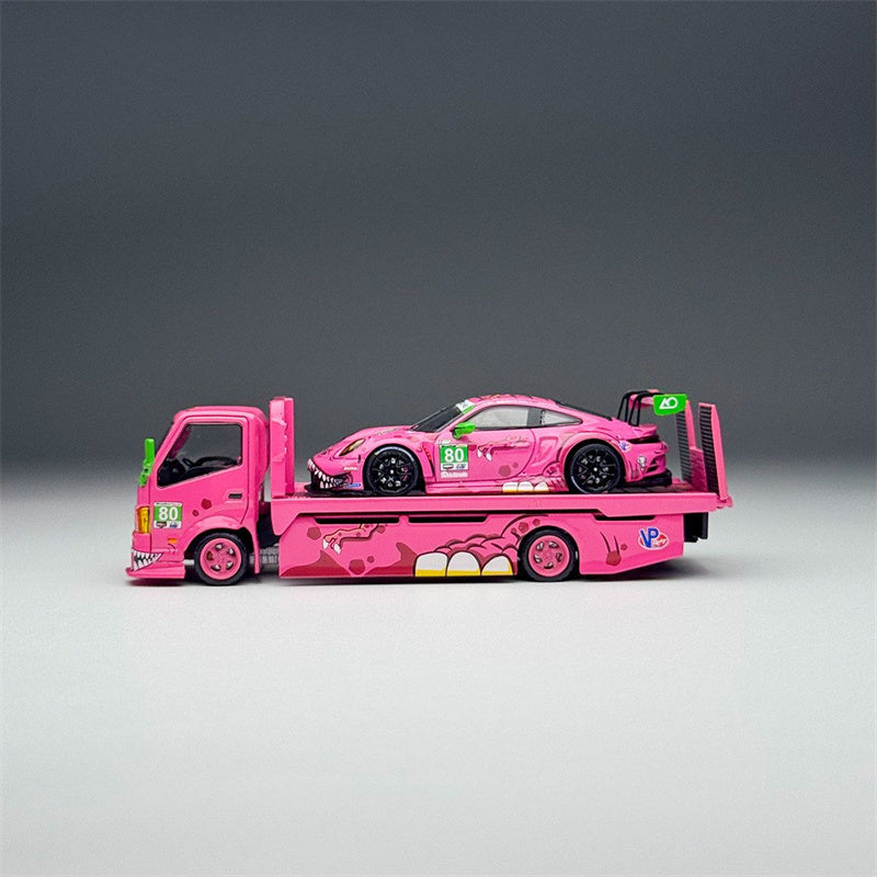 1:64 Hino H300 & Porsche dinosaur Painting Pink TOP LUX x STAR RACE Set DIECAST Model