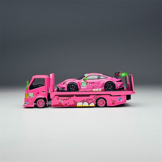 1:64 Hino H300 & Porsche dinosaur Painting Pink TOP LUX x STAR RACE Set DIECAST Model