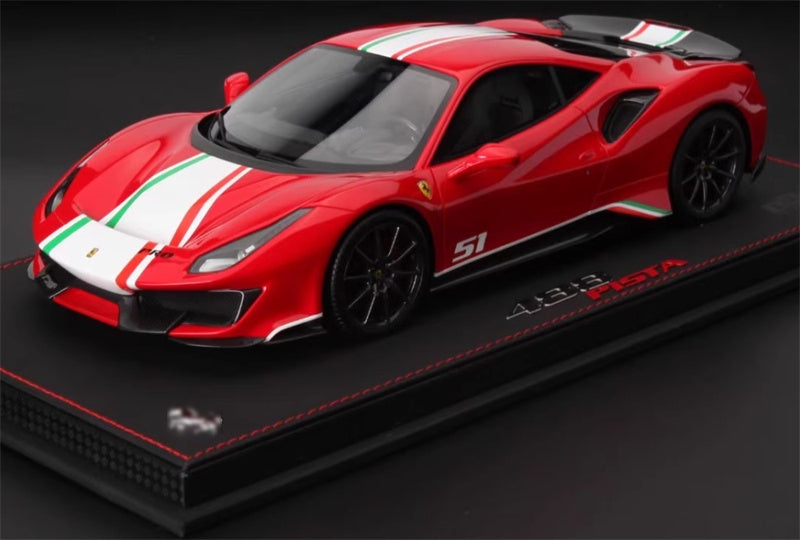 BBR MODELS Ferrari 488 Pista #51 red Black Wheel Red calipers Leather base Limited Edition 30PCS ONLY 1:18 Car Pre-built Model view1