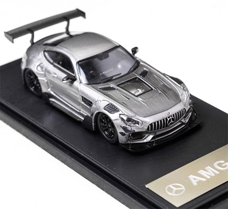 Rhino Model Mercedes AMG GTS modified big rear wing sports car silver gray 1:64 Car Pre-built Model view6