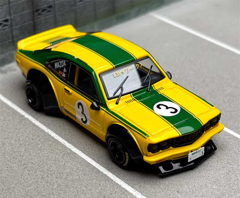 INNO64 Mazda RX3 LBWK Wide Body Modified Yellow # 3 1:64 car Pre-built Model view3