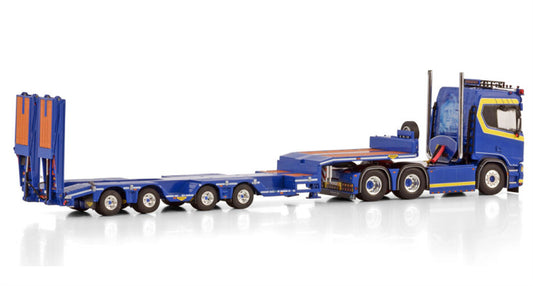 WSI SCANIA R NORMAL CR20N 6X2 TAG AXLE SEMI WHEEL WELL LOW LOADER - 4 AXLE JB BILBARGNING 1:50 Model