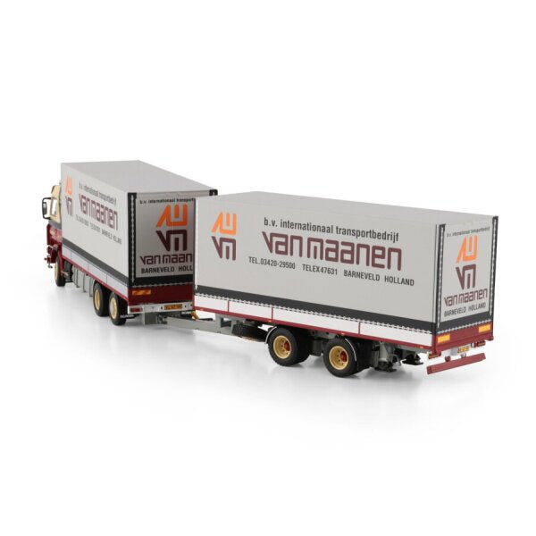 1:50 SCANIA VAN MAANEN 3 Series 6X2 CURTAINSIDE DRAWBAR CENTRE-AXLED TRAILER 5 AXLE WSI Diecast Model