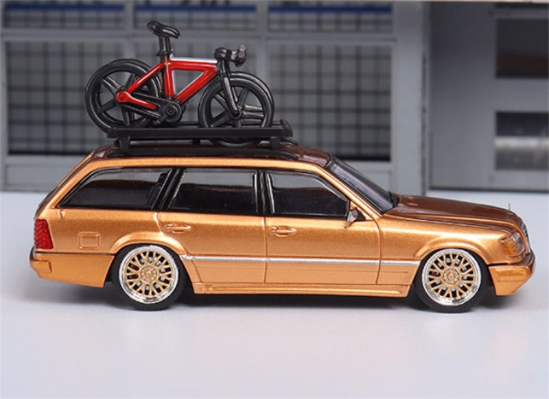 Mortal Mercedes Benz E-Class E300 station wagon S124 with 2 bicycles and luggage rack Gold - Gold Wheel low slung version Limited Edition 299PCS ONLY 1:64 Car Pre-built Model view2
