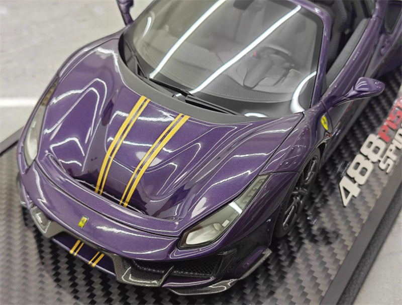BBR MODELS FERRARI 488 Pista Spider convertible Hong Kong Metal Purple Double yellow Strip Black wheels Carbon fiber base Limited Edition 28PCS ONLY 1:18 Car Pre-built Model view10