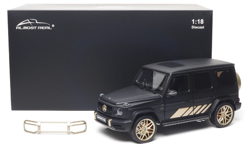 Almost Real Mercedes AMG G63 Grand Edition 2024 Dumb Black Gold Black interior with gold wheels 1:18 Truck Pre-built Model view11