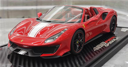BBR MODELS Ferrari 488 Pista Spider convertible Metallic red White stripe Black wheel red calipers Carbon fiber base Limited Edition 28PCS ONLY 1:18 Car Pre-built Model view1