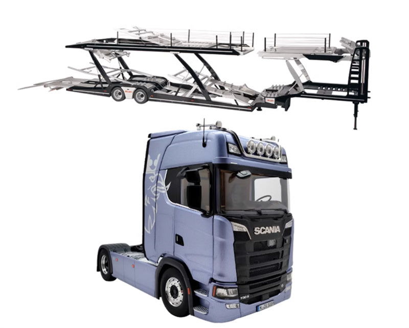NZG SCANIA 730S Blue V8 transport vehicle + double-layer trailer 1:18 DIECAST Truck Lorry