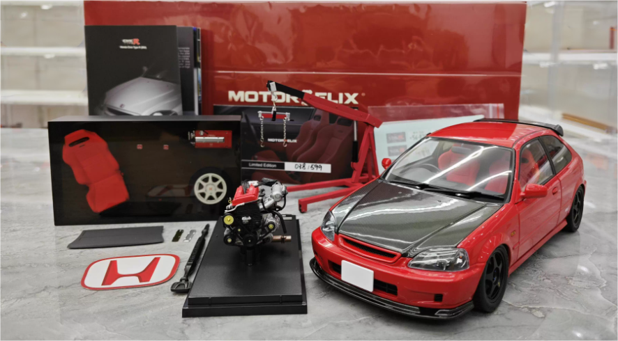 Motorhelix Honda Civic Type R EK9 Milan Red/Carbon Fiber Head Cover Limited Edition 599PCS ONLY 1:18 Car Pre-built Model view4