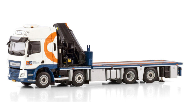 WSI DAF CF SPACE CAB MY2017 RIGED FLAT BED TRUCK WITH PALFINGER PK 65002 SH + JIB 8X2 TAG AXLE De Jong 1:50 Model