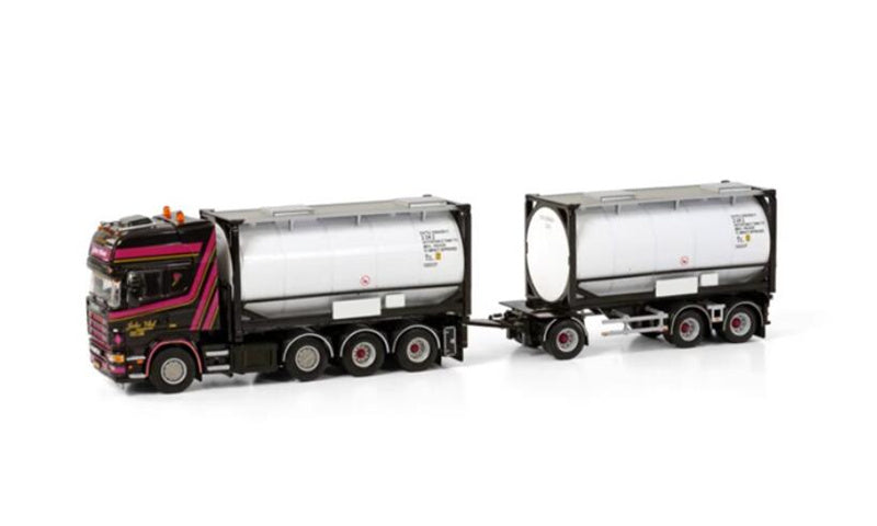 WSI SCANIA R4 TOPLINE 8X2 TAG AXLE RIGED DRAWBAR CONTAINER  COMBI - 7 AXLE + 2X 20FT TANKCONTAINER JOKE VLOT TRANSPORT 1:50  Truck Pre-built Model