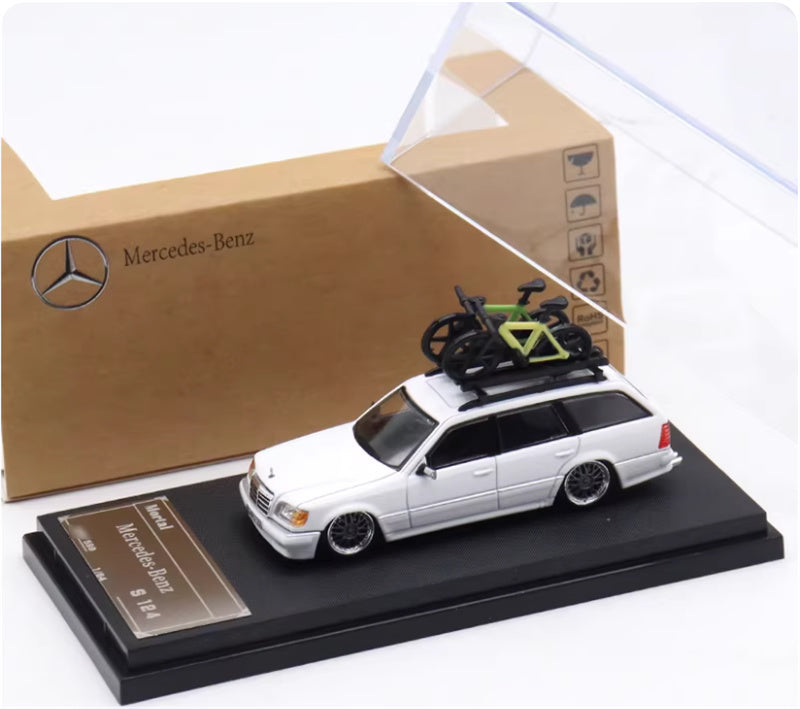 Mortal Mercedes Benz E-Class E300 station wagon S124 with 2 bicycles and luggage rack White - Silver Wheel low slung version Limited Edition 599PCS ONLY 1:64 Car Pre-built Model view4