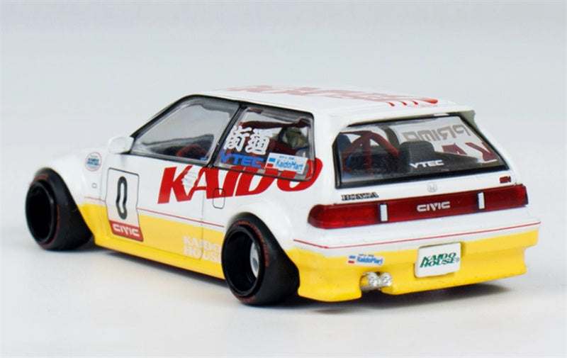 KaidoHouse x MiniGT Honda Civic EF KANJO V1 #0 White yellow color box packaging 1:64 Car Pre-built Model view4