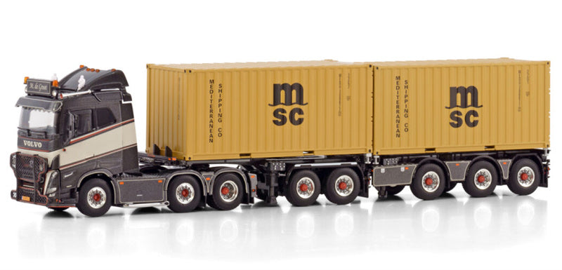 WSI VOLVO FH5 SLEEPER CAB 6X2 TWIN STEER 2CONNECT COMBI TRAILER - 5 AXLE + 2X 20FT CONTAINER M. de Groot MSC 1:50 Model