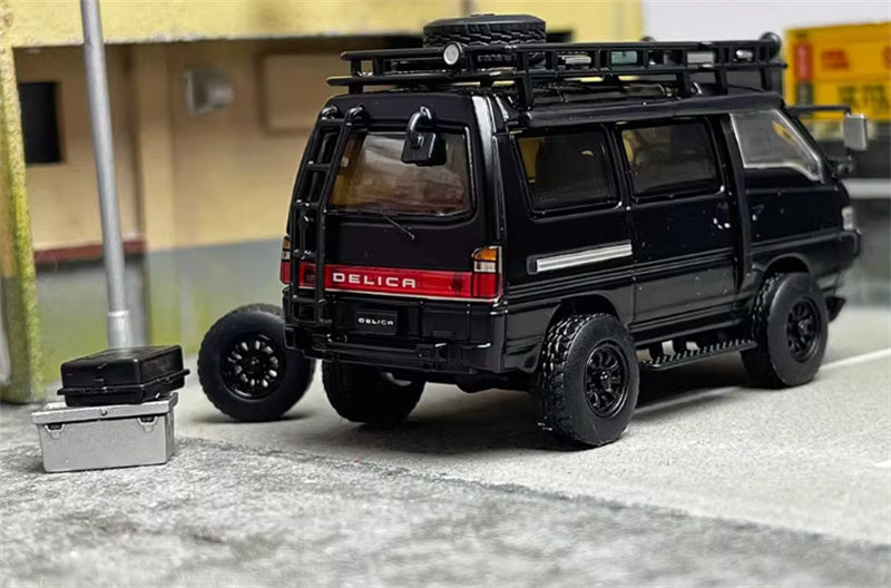 Autobots Models Mitsubishi Delica 3rd Generation Wagon 4X4 Off Road Modified Edition Black left-hand drive with accessories 1:64 Car Pre-built Model view4