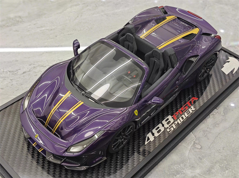 BBR MODELS FERRARI 488 Pista Spider convertible Hong Kong Metal Purple Double yellow Strip Black wheels Carbon fiber base Limited Edition 28PCS ONLY 1:18 Car Pre-built Model view1
