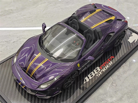 BBR MODELS FERRARI 488 Pista Spider convertible Hong Kong Metal Purple Double yellow Strip Black wheels Carbon fiber base Limited Edition 28PCS ONLY 1:18 Car Pre-built Model view1