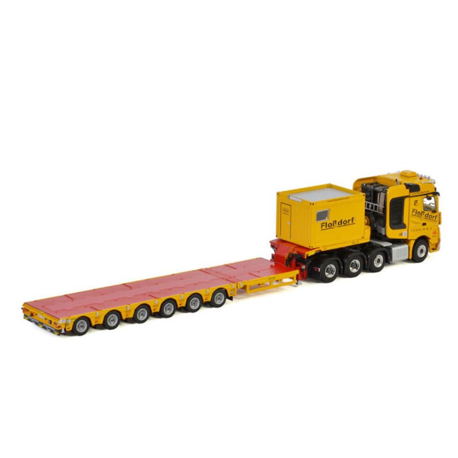 WSI MB ACTROS MP4 SLT BIG SPACE 8X4 SEMI LOW LOADER-6 AXLE + 10 FT CONTAINER FLOSSDORF 1/50 DIECAST Truck