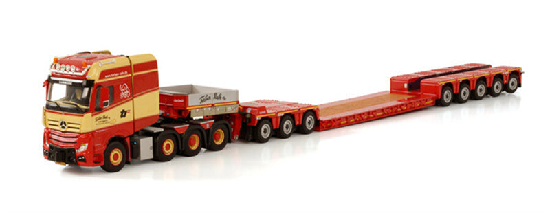 WSI MERCEDES BENZ ACTROS MP4 SLT GIGA SPACE 8X4 NOOTEBOOM LOW LOADER - 5 AXLE WITH DOLLY 3 AXLE TORBEN RAFN 1:50 DIECAST Truck