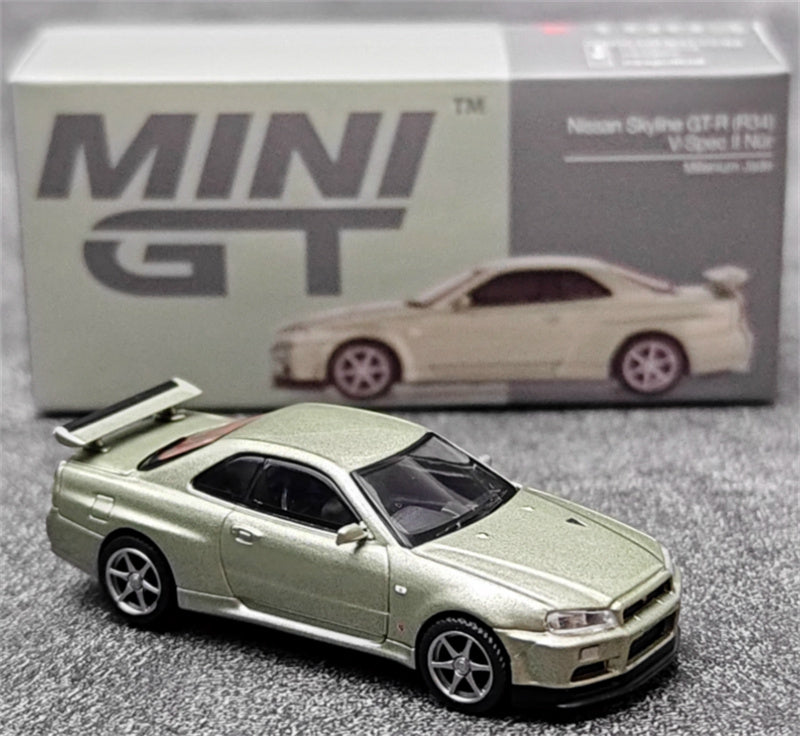 MINIGT Nissan Kyline GT-R R34 V-Spec II Nur Millenium Jade color box packaging 1:64 Car Pre-built Model view8