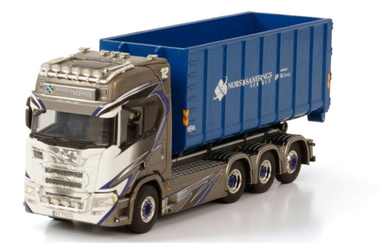 WSI SCANIA R HIGHLINE CR20H 8X4 RIGID TRUCK HOOKLIFT SYSTEM + HOOKLIFT CONTAINER 40M3 NORSK SANERINGSSERVICE 1:50 Truck Pre-built Model