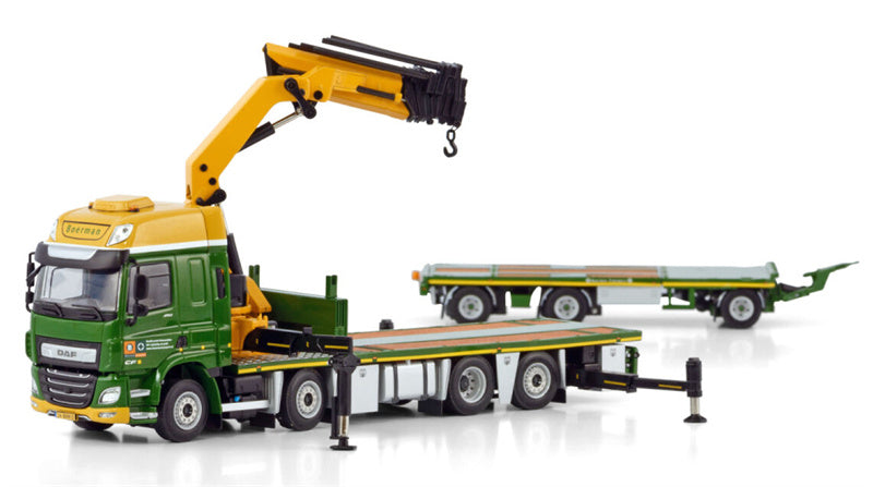 WSI  DAF CF SPACE CAB MY2017 RIGED FLAT BED TRUCK WITH PALFINGER PK 65002 SH + JIB 8X2 TAG AXLE FLAT BED TRAILER - 3 AXLE Boerman 1:50 Truck Pre-built Model
