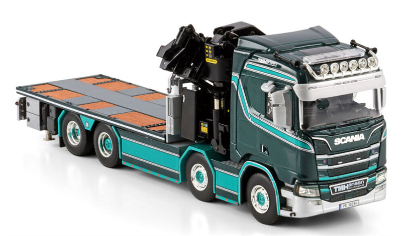 WSI SCANIA R NORMAL CR20N RIGED FLATBED TRUCK 8X2 TAG AXLE WITH PALFINGER PK 92002 SH + JIB TM Hansen 1:50 Model