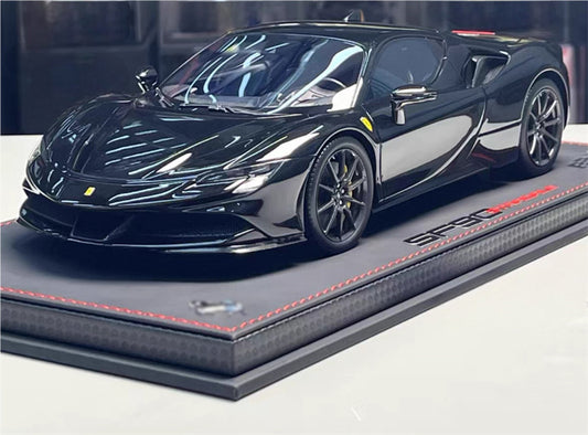 BBR MODELS Ferrari SF90 Stradale New Black Daytona Black wheel yellow calipers Leather base Limited Edition 30PCS ONLY 1:18 Car Pre-built Model view1