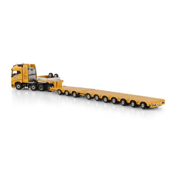 1:50 VOLVO STEIL FH5 XL 8X4 MANOOVR W/ 3 AXLE DOLLY 7 AXLE WSI Yellow Diecast Model
