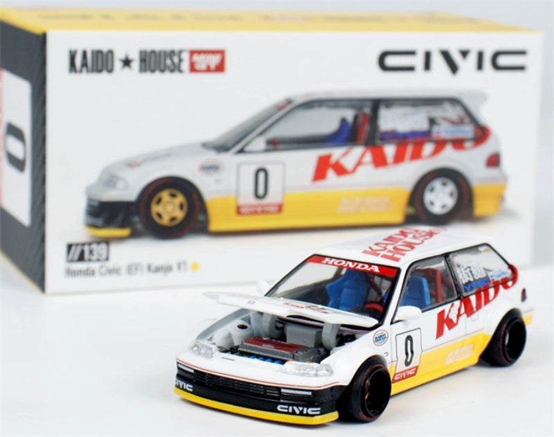 KaidoHouse x MiniGT Honda Civic EF KANJO V1 #0 White yellow color box packaging 1:64 Car Pre-built Model view10