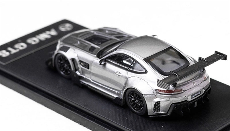 Rhino Model Mercedes AMG GTS modified big rear wing sports car silver gray 1:64 Car Pre-built Model view2
