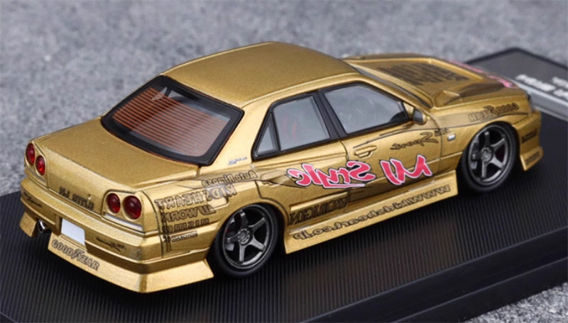 Mortal Nissan GTR ER34 25GT SKYLINE URAS Modified Edition MJ STYLE Gold Limited Edition 1:64 Car Pre-built Model view6