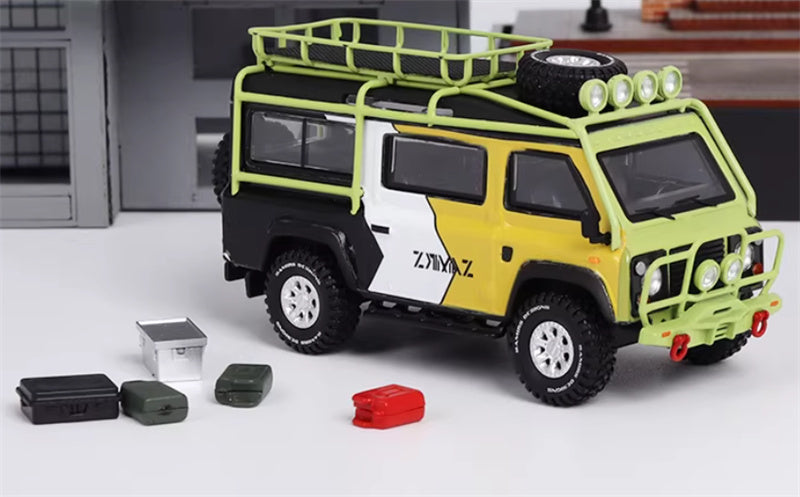 Master Land Rover Defender Van Yellow white and black color scheme with accessories 1:64 Car Pre-built Airliner Model Display view4