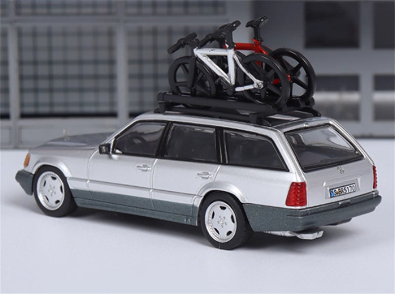Mortal Mercedes Benz E-Class E300 station wagon S124 with 2 bicycles and luggage rack Silver（Grey skirt edge）- Silver Wheel Limited Edition 599PCS ONLY 1:64 Car Pre-built Model view2