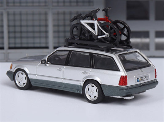 Mortal Mercedes Benz E-Class E300 station wagon S124 with 2 bicycles and luggage rack Silver（Grey skirt edge）- Silver Wheel Limited Edition 599PCS ONLY 1:64 Car Pre-built Model view2
