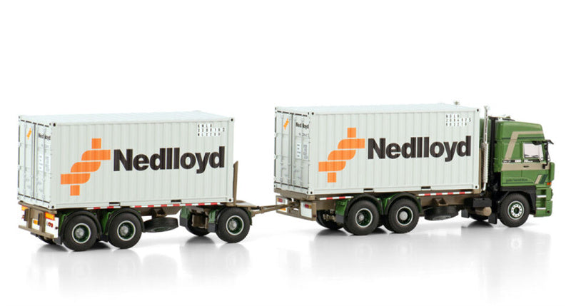 WSI DAF 3300 SPACE CAB 6X2 TAG AXLE RIGED DRAWBAR CONTAINER COMBI - 6 AXLE + 2X 20FT CONTAINER Hebra Nedlloyd 1:50 Model