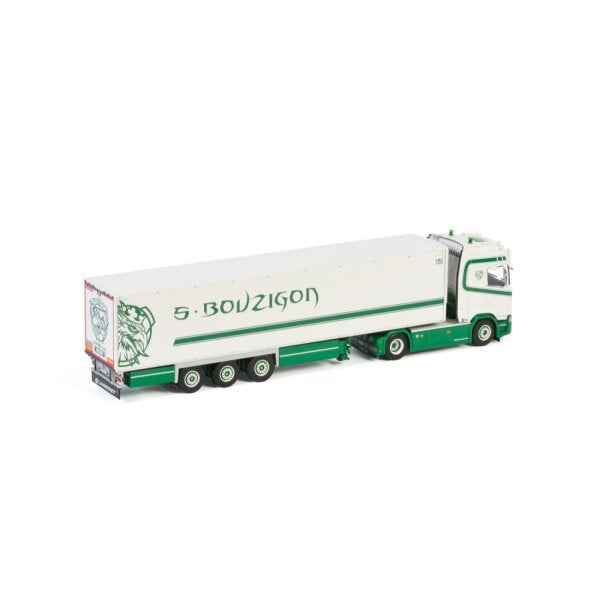 1:50 SCANIA S. BOUZIGON S HIGHLINE CS20H 4X2 REEFER TRAILER 3 AXLE WSI  White - Green DIECAST Model